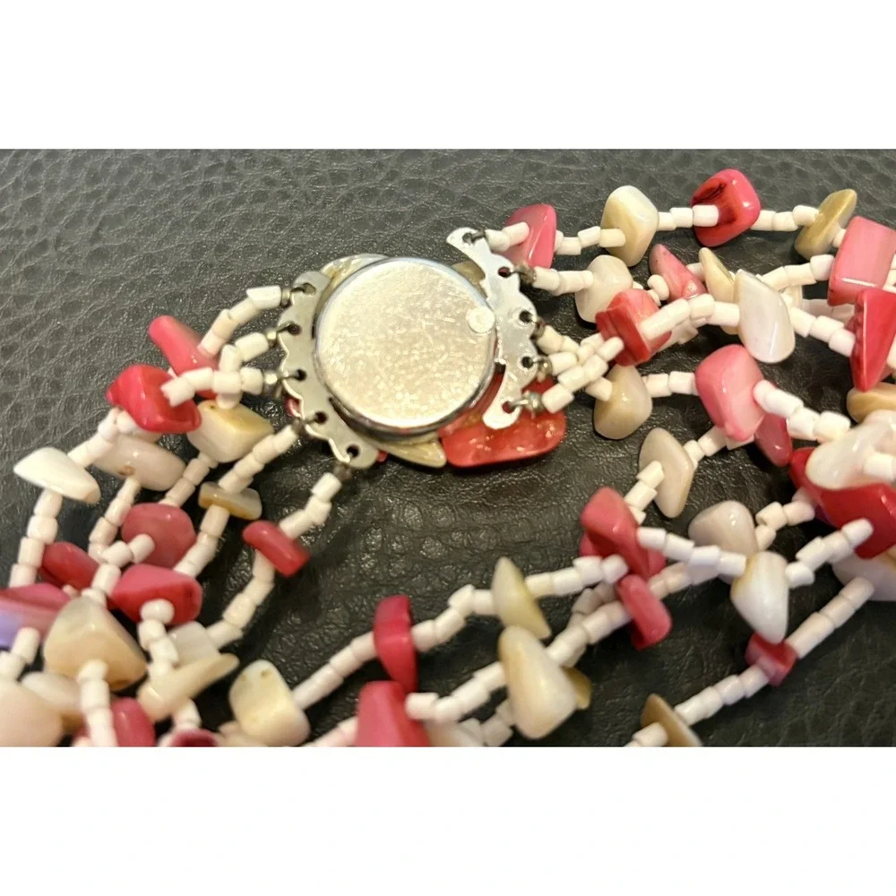 Vintage 5 Multi Strand Mother Of Pearl Chip Chunky Spring Summer Boho Necklace